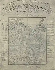 Mapa topográfico de la ciudad de San José de Cúcuta, actual capital del departamento de Norte de Santander, presentado al ayuntamiento el 1 de Julio de 1863 por el señor J.M Crespo y publicado en 1865 por la litografía de Ayala y Medran. El presente plano traza la cuadricula de la ciudad y el relieve de las zonas aledañas, en el costado izquierdo contiene convenciones indicando las calles de la ciudad con sus respectivos nombres, los puntos notables, los caminos y las iglesias, contiene un grabado haciendo alegoría probablemente a los grupos indígenas Chitareros y Motilones que habitaban la zona. En el costado derecho incluye una nota con la historia de Cúcuta que reza: “Ciudad de aproximadamente 8000 almas, está situada en un hermoso valle ligeramente inclinado de S a N (sur a norte), bañado por las aguas del río [a] 294 metros sobre el nivel del [mar a] una tempertatura de 21 ° a 52° del centígrado. Tuvo su origen a principios del siglo pasado cerca de la parroquia de Cúcuta. En 1734 formó curato separado con el nombre de San José de Guasimal, y en 1792 tomó el título de Villa San José de Cúcuta, en 1895 se la eligió para centro de la provincia de Santander y en el año de 1859 fue erigida en capital del departamento.”