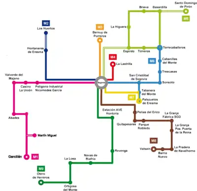 Plano Metropolitano Segovia donde aparece las líneas M6 y M6* a su paso por Trescasas