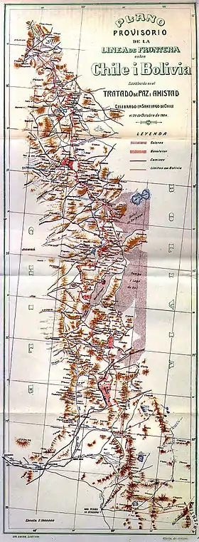 Plano provisional de la frontera entre Chile y Bolivia, según el tratado de 1904.