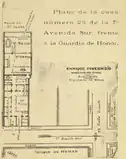 Plano de la clínica de los doctores Valdés Blanco y Ávila Echeverría.  Allí también se encontró una mina activada. Grabado de Enrique Invernisio en La Locomotora.