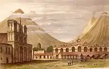 Pintura del parque central con la Parroquia de San José y cobertizos improvisados para las columnas derrumbadas del Palacio de los Capitanes Generales; 1840.