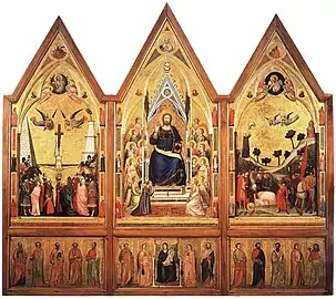 El llamado "tríptico" o "políptico Stefaneschi", de Giotto, ca. 1320 (vista anterior -recto-).