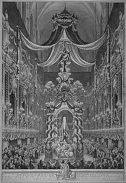 Catafalco en honor a la reina Catalina Opalinska en Notre-Dame de Paris (1747).