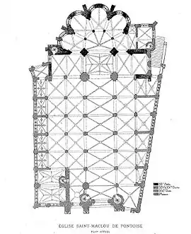 Planta actual (Eugène Lefèvre-Pontalis, Monographie de l'église Saint-Maclou de Pontoise, Pontoise, A. Pâris, 1888, planche I)