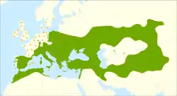 alt=Distribución del álamo blanco. 
:     Distribución nativa.
:✖ Población aislada. 
:▲ Introducido y naturalizado.