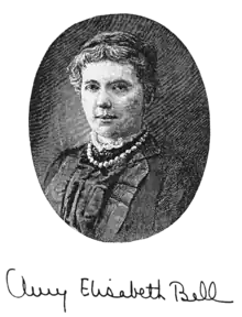 A black and white sketched portrait of a woman looking towards the viewer from her left side. She has pale skin, and dark hair pinned up. Her clothes are old-fashioned - formal wear for the late 19th century, although we cannot see below the shoulders.