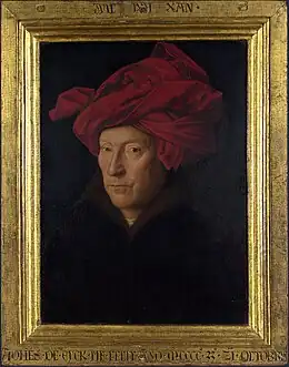 Posible autorretrato de Jan van Eyck (1433) con el chaperón recogido como un turbante (se ha propuesto que para pintar con comodidad).