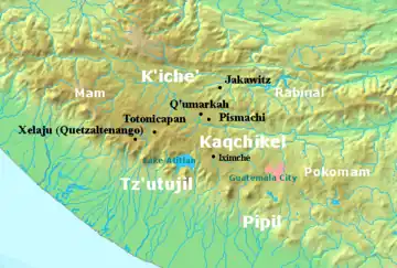 Las tierras altas de Guatemala están bordeadas por la llanura del Pacífico hacia el sur con la costa situada hacia el suroeste. El reino kakchiquel se centró en Iximché, ubicado a medio camino entre el lago de Atitlán, al oeste, y la moderna ciudad de Guatemala hacia el este. El reino tzu'tujil estaba basado en la orilla sur del lago y se extendía hacia las tierras bajas del Pacífico. Los náhuas estaban situados más hacia el este a lo largo de la llanura del Pacífico. El reino poqomam ocupaba las tierras altas al este de la moderna ciudad de Guatemala. El reino k'iche' se extendía al norte y al oeste del lago Atitlán, con sus principales asentamientos en Xelajú, Totonicapán, Q'umarkaj, Pismachi' y Jakawitz. El reino mam cubrió las tierras altas occidentales fronterizas con el moderno estado de México.