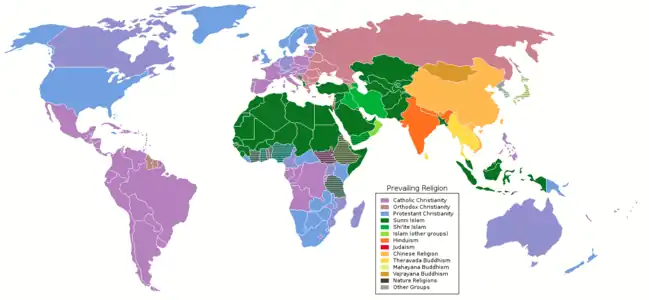 La Cristiandad occidental (en lila, católica, en azul claro protestante) y la Cristiandad oriental (en rosa oscuro).