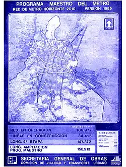 Esquema del Programa Maestro del Metro, versión 1985. Véase, en la parte inferior izquierda, el antiguo escudo del Departamento del Distrito Federal, vigente con varias modificaciones entre 1940 y 1994.