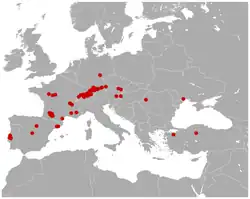 Mapa de distribución de fósiles de Prolagus oeningensis.Las coordenadas adicionales de fóslies no listadas en el archivo xls adjunto al papel de Ge et al. vienen de  N. Sala-Burgos y R. Gil-Pita. 2006 y Paleobiology Database.