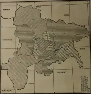 Mapa de Sichuan que muestra la división del campo por seis sociedades misioneras protestantes en 1922: A.B.F., C.I.M., C.M.M., C.M.S., F.F.M.A. y, M.E.F.B.