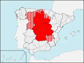 Interpretación de Castilla sobre la división territorial de España de 1833: en rojo aparecen las provincias vinculadas tradicionalmente a Castilla,Azaola, José Miguel de (1972). La regionalización de España. Ediciones de la Revista de Occidente. p. 373.  y la zona rayada corresponde a otras provincias ligadas a Castilla en distintos proyectos y períodos históricos, incluyendo las que pertenecieron a la misma en el período previo al Estado autonómico.Salgado Fuentes, Carlos Javier (2016). La evolución de la identidad regional en los territorios del antiguo Reino de León. Ediciones Universidad de Salamanca. p. 355. ISBN 849012602X. Cantabria y La Rioja pertenecieron a la división denominada Castilla la Vieja entre 1833 y 1982, mientras que la región leonesa ha sido incluida junto a Castilla en diversos proyectos como el decreto de Patricio de la Escosura de 1847, el proyecto federalista de Emilio Castelar en 1873 y el Proyecto de Ley de Francisco Silvela en 1891. Otros proyectos que incluían a la región de León fueron el Pacto Federal Castellano de 1869 y la Mancomunidad Castellana de 1918.