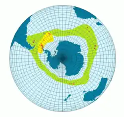 alt=*  ██ Rango geográfico de Pygoscelis papua papua.
*  ██ Áreas donde esta subespecie se reproduce.