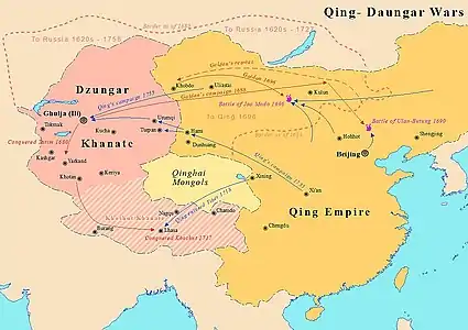 Mapa que muestra les guerras zúngaro-Qing con la ubicación de Jao Modon