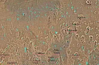 Mapa cuadrangular de Oxia Palus etiquetado con las características principales. Este cuadrilátero contiene muchas áreas colapsadas del Caos y muchos canales de salida (antiguos valles de ríos). Ares Vallis está cerca del centro inferior.