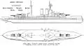 Plano derecho y dibujo en alzado del Anual Naval de Brassey de 1923; las áreas sombreadas representan el blindaje de los barcos