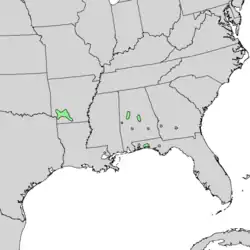 Distribución nagtural de Quercus arkansana