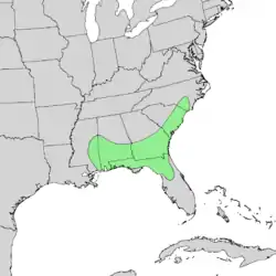 Distribución natural de Quercus austrina