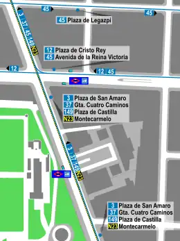 Mapa zonal de la estación de Ríos Rosas con los accesos al Metro y Cercanías y los recorridos de los autobuses de la EMT que pasan por ella, entre los que se encuentra la línea N23.