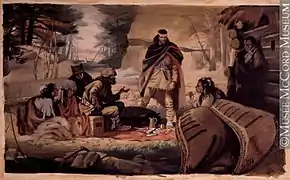 Radisson y des Groseilliers negociando con los amerindios en un puesto comercial de pieles