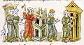Ilustración del asesinato de Ígor II de Kiev, Crónica de Radziwiłł, siglo XV. El personaje vestido de rojo parece portar un kisten.