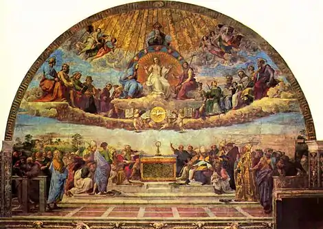 La disputa del Sacramento, por Rafael, 1509, fresco en Stanza della Segnatura en el Palacio Apostólico para el papa Julio II, 500 × 770 cm