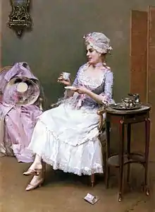 Una mujer (Aline Masson) bebiendo una taza de chocolate, en un lienzo de Raimundo Madrazo