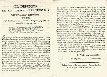 Folleto que critica la legalidad del primer ayuntamiento constitucional de Pamplona (1820)