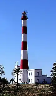 Phare de Taguermess dont la tour est peinte de huit bandes horizontales alternativement rouges et blanches.