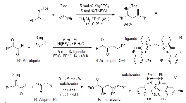 Métodos de catálisis por ácidos de Lewis propuestos por Yamanaka (A), Zheng (B) y Hutson (C).