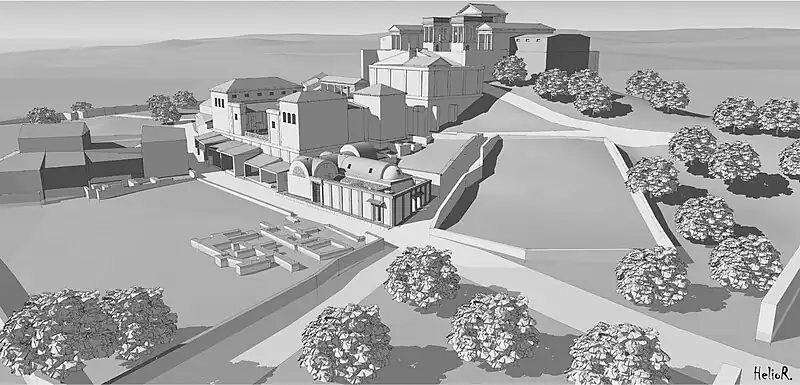 Reconstrucción hipotética de Munigua a finales del siglo II d.C. En esta vista general se observan las termas, el foro con sus edificios,  el pórtico de dos pisos, el templo de podio, el santuario de terrazas, la entrada sur (parte superior izquierda), la calle de las termas y la puerta norte (parte inferior derecha) de las murallas