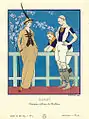 RugbyMujer conversando con dos jugadores de rugby, vestida con un traje pre-sportswear de John de Redfern; No. 4 Plate 39, Abril de 1914