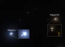 Imagen capturada en SpaceEngine que representa las 4 estrellas que conforman a Regulus.