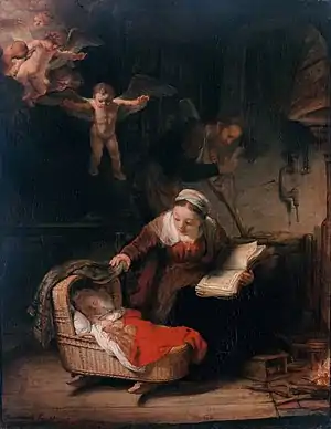 La sagrada familia, Rembrandt (1645). Cuna-balancín de mimbre.