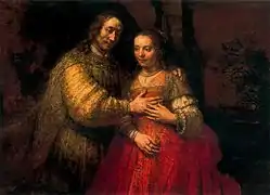 La novia judía, de Rembrandt. Aunque la identidad de los retratados no ha sido establecida con certeza, una de las posibilidades es que represente a Miguel de Barrios y su segunda esposa, Abigail de Pina.