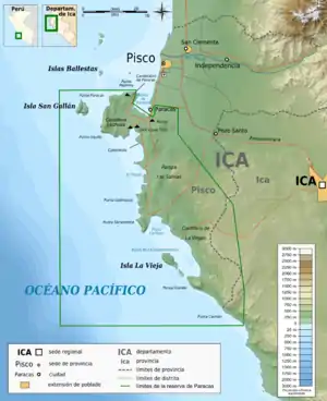 Localización de las islas, al norte de la reserva nacional de Paracas.