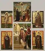 Retablo de la Misa de San Gregorio, óleo sobre tabla (c. 1476-1525), atribuido a Juan González de Becerril, se conserva en el Museo de Santa Cruz de Toledo. En las calles laterales representa: a la izquierda  san Sebastián y debajo santa Catalina de Alejandría; a la derecha, san Blas, y debajo santa Bárbara