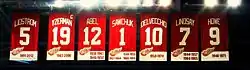 The banners of seven retired numbers.  The banners, from left to right, read "Lidstrom 5" "Yzerman 19" "Sawchuk 1" "Delvecchio 10" "Lindsay 7" "Abel 12" "Howe 9". The Yzerman banner has a small "C" at the top right corner.