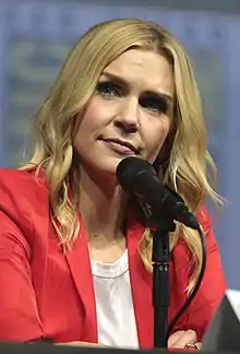 Rhea Seehorn speaking at the 2018 San Diego Comic-Con International in San Diego, California.