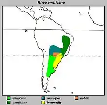 alt=Distribución de las subespecies.
En verde claro la distribución de albescens.