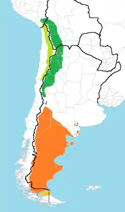 alt=*  ██ Rango geográfico de Rhea pennata garleppi.
*  ██ Nota: 1. Población todavía pendiente de asignación entre R. p. garleppi o R. p. pennata.