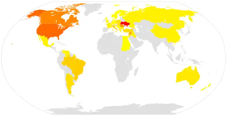 La gradación de rojo (Ucrania) a amarillo (Alemania y Escandinavia) indica la mayor o menor cantidad de jurisdicciones.