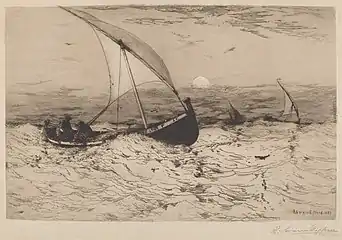 Barcos pesqueros napolitanos que regresan a casa (1884) aguafuerte y punta seca, tamaño de la plancha 27,6 x 43 cm. (10,8 x 16,5 pulg.), Galería Nacional de Arte, Washington, DC