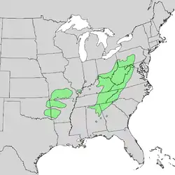 Distribución nativa de Robinia pseudoacacia