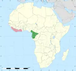 Distribución de los picatartes cuelliblanco (rosado) y cuelligrís (verde).