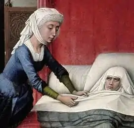 Partera atendiendo a Isabel, madre de Juan, detalle del panel derecho.