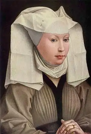 Rogier van der Weyden, retrato de mujer joven con hennin bajo truncado cubierto con paño, 1435-1440.