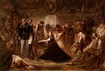 Oficiales rusos supervisan como les ponen los grilletes a las mujeres (Polonia) y detrás la mujer de pelo rubio representa a Lituania. Obra de Jan Matejko.