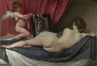 La Venus del espejo de Diego Velázquez. (1599–1660). Terminada entre 1647 y 1651. Velazquez también debió ver la copia propiedad de Felipe II.